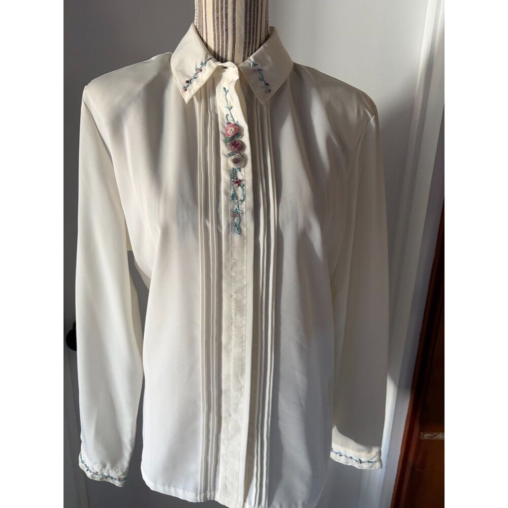 Vntge Ribbon Embroidery Roses Grandma Cottage Academia Librarian Romantic Blouse